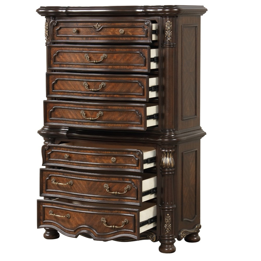Ruth Tall Dresser Chest w Burl Inlays | 7 Drawers | Mahogany Brown Wood