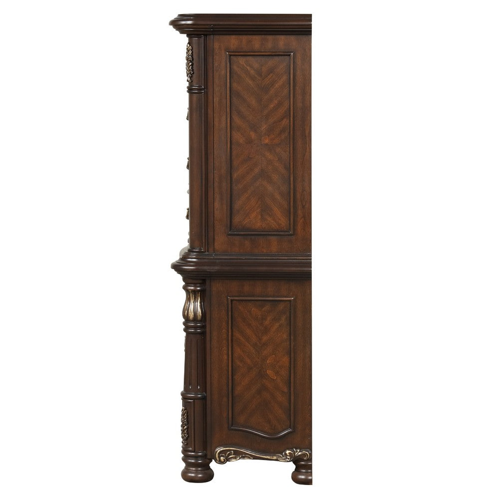Ruth Tall Dresser Chest w Burl Inlays | 7 Drawers | Mahogany Brown Wood