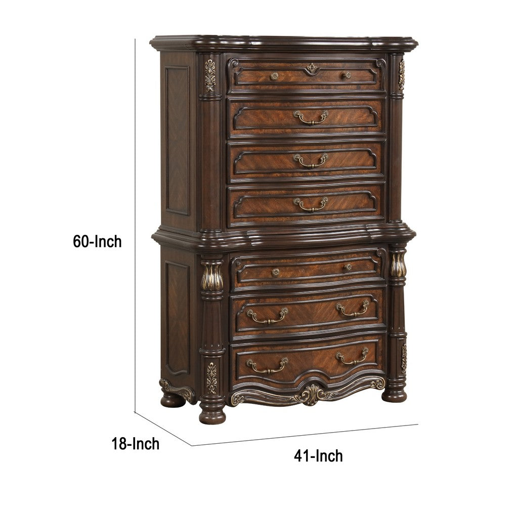 Ruth Tall Dresser Chest w Burl Inlays | 7 Drawers | Mahogany Brown Wood