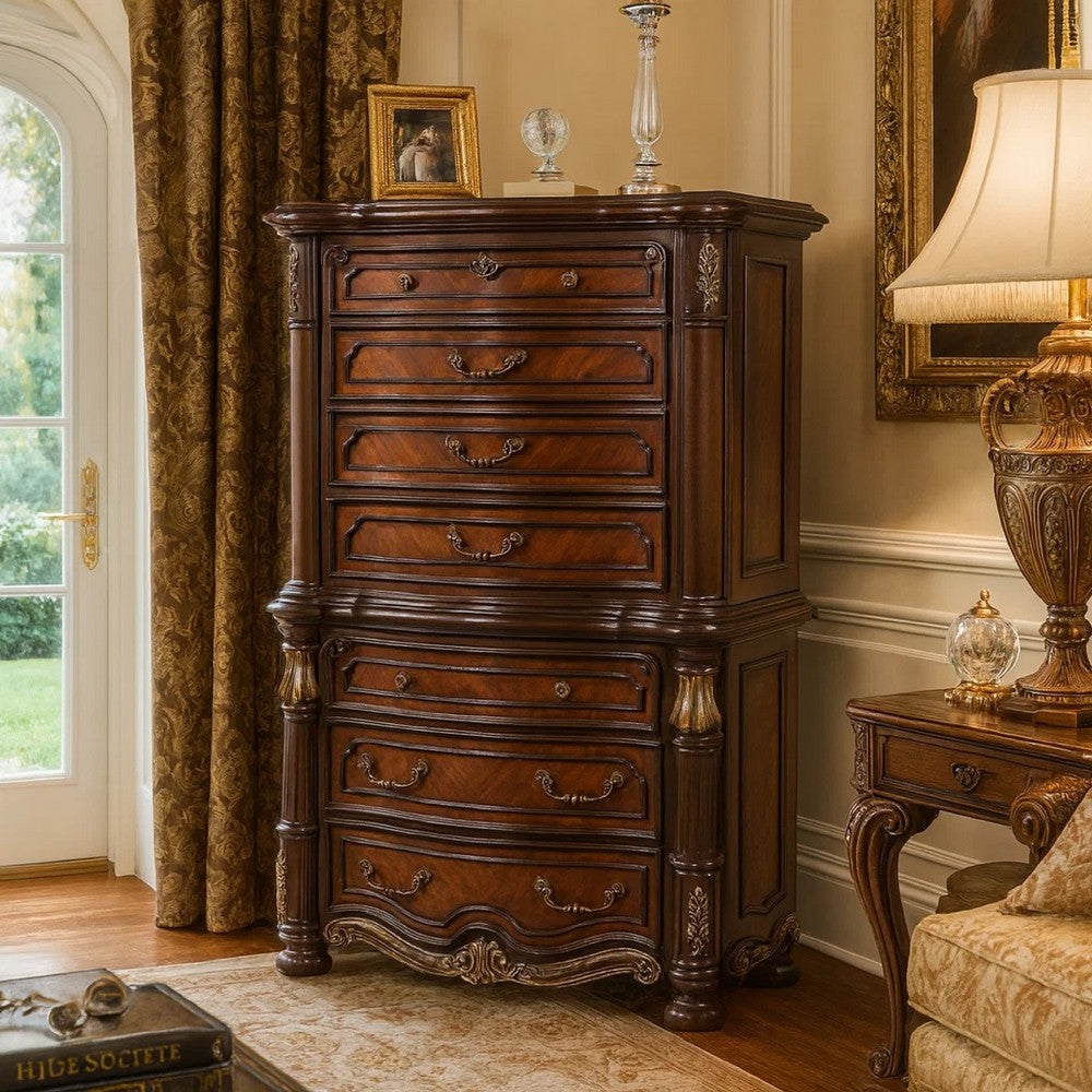 Ruth Tall Dresser Chest w Burl Inlays | 7 Drawers | Mahogany Brown Wood