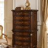 Ruth Tall Dresser Chest w Burl Inlays | 7 Drawers | Mahogany Brown Wood