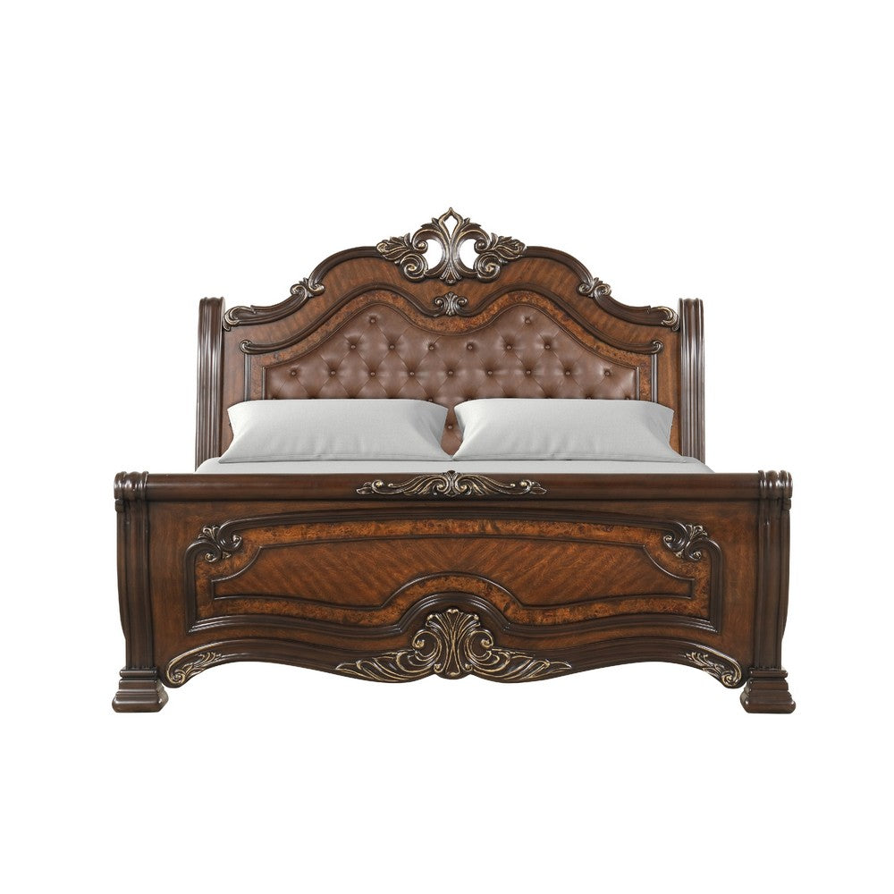 Ruth King Bed | Faux Leather Headboard w Burl Inlays | Mahogany Brown