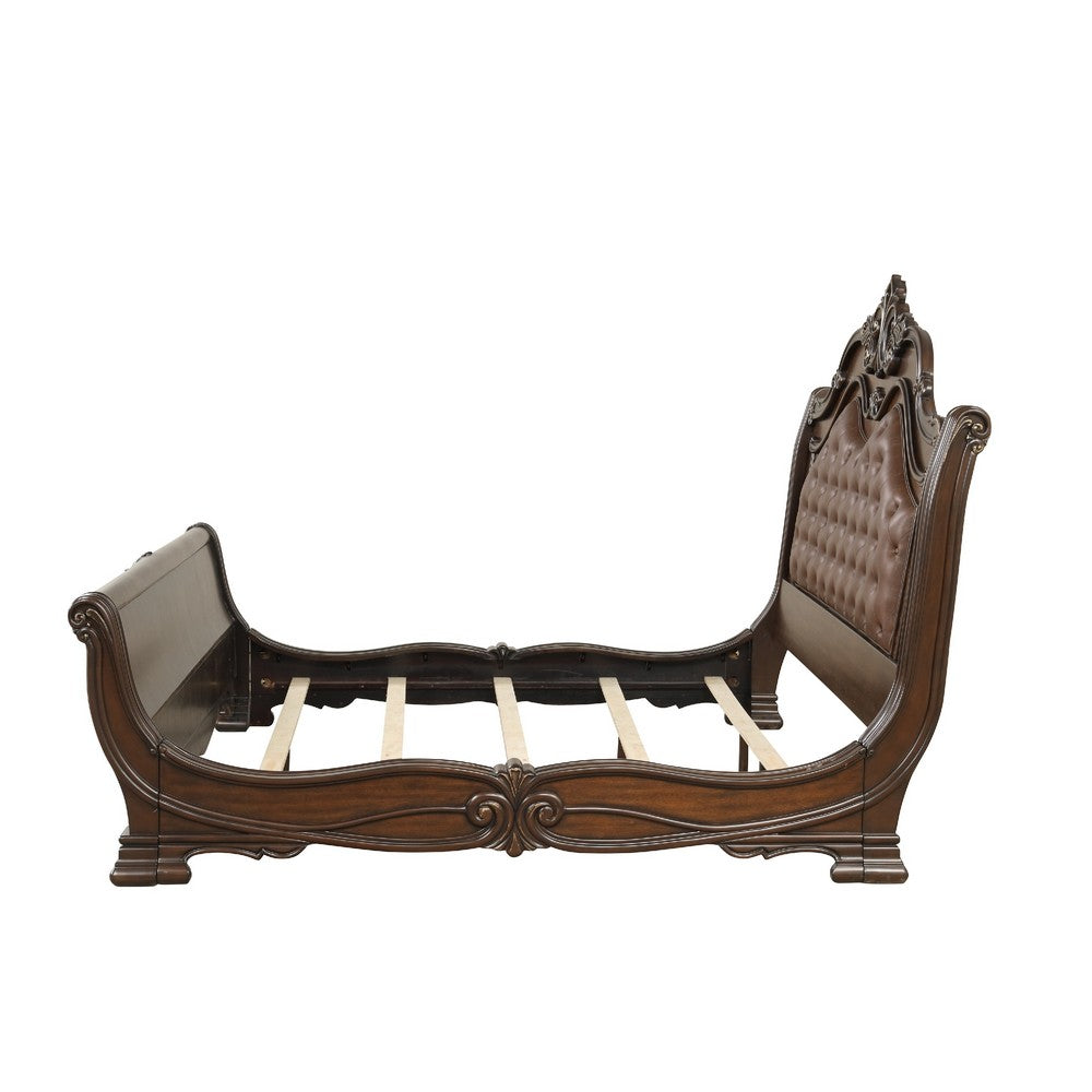 Ruth King Bed | Faux Leather Headboard w Burl Inlays | Mahogany Brown