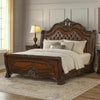 Ruth King Bed | Faux Leather Headboard w Burl Inlays | Mahogany Brown