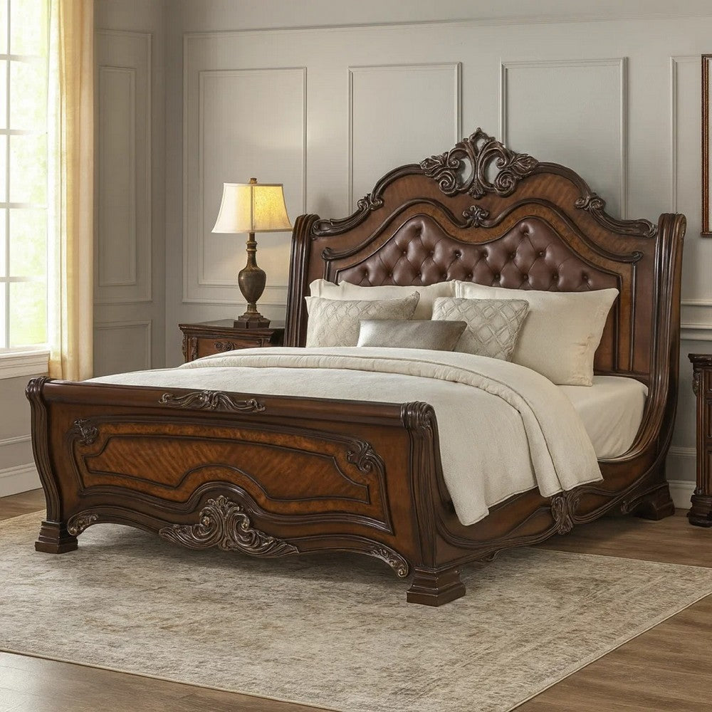 Ruth King Bed | Faux Leather Headboard w Burl Inlays | Mahogany Brown