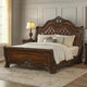 Ruth King Bed | Faux Leather Headboard w Burl Inlays | Mahogany Brown