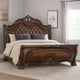 Ruth King Bed | Faux Leather Headboard w Burl Inlays | Mahogany Brown