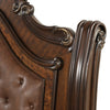 Ruth Queen Bed | Faux Leather Headboard w Burl Inlays | Mahogany Brown