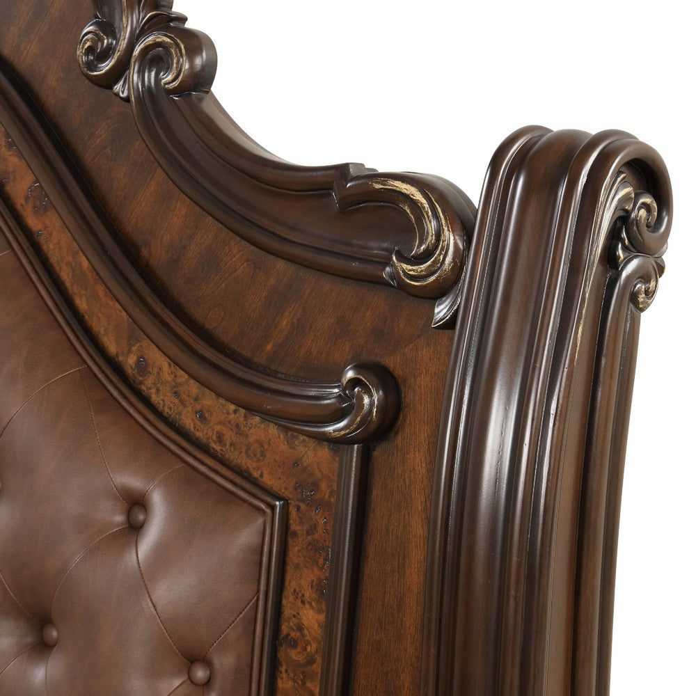 Ruth Queen Bed | Faux Leather Headboard w Burl Inlays | Mahogany Brown