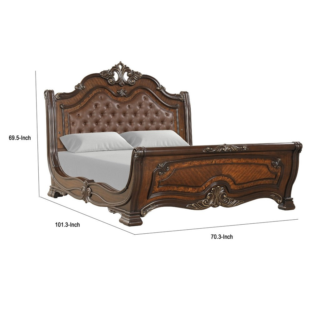 Ruth Queen Bed | Faux Leather Headboard w Burl Inlays | Mahogany Brown