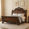 Ruth Queen Bed | Faux Leather Headboard w Burl Inlays | Mahogany Brown