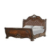 Ruth Queen Bed | Faux Leather Headboard w Burl Inlays | Mahogany Brown