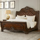 Ruth Queen Bed | Faux Leather Headboard w Burl Inlays | Mahogany Brown