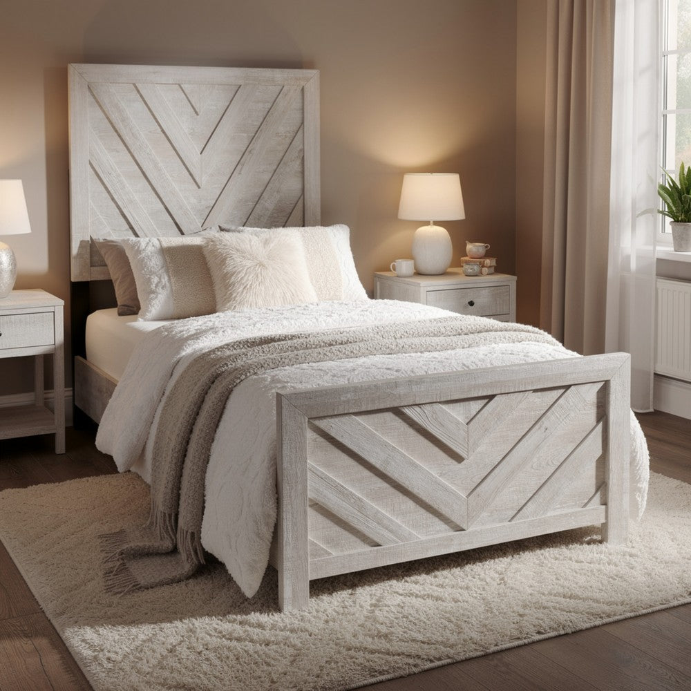 Bisca Full Bed w Chevron Patterned Design | Driftwood Gray Finish