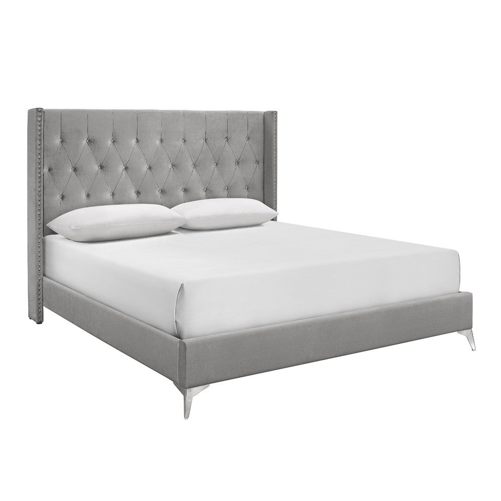 Sami King Bed | Metallic Crystal Button Tufting | Black Velvet Upholstery