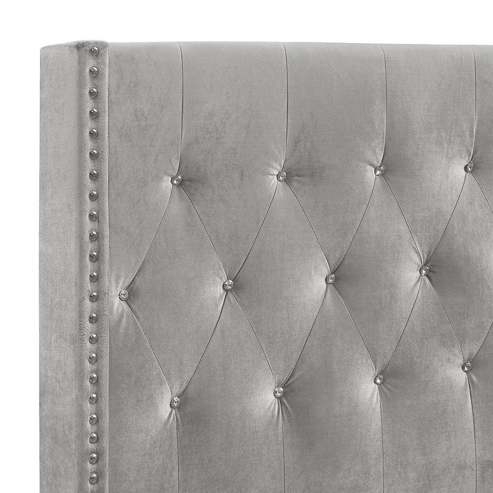 Sami King Bed | Metallic Crystal Button Tufting | Black Velvet Upholstery