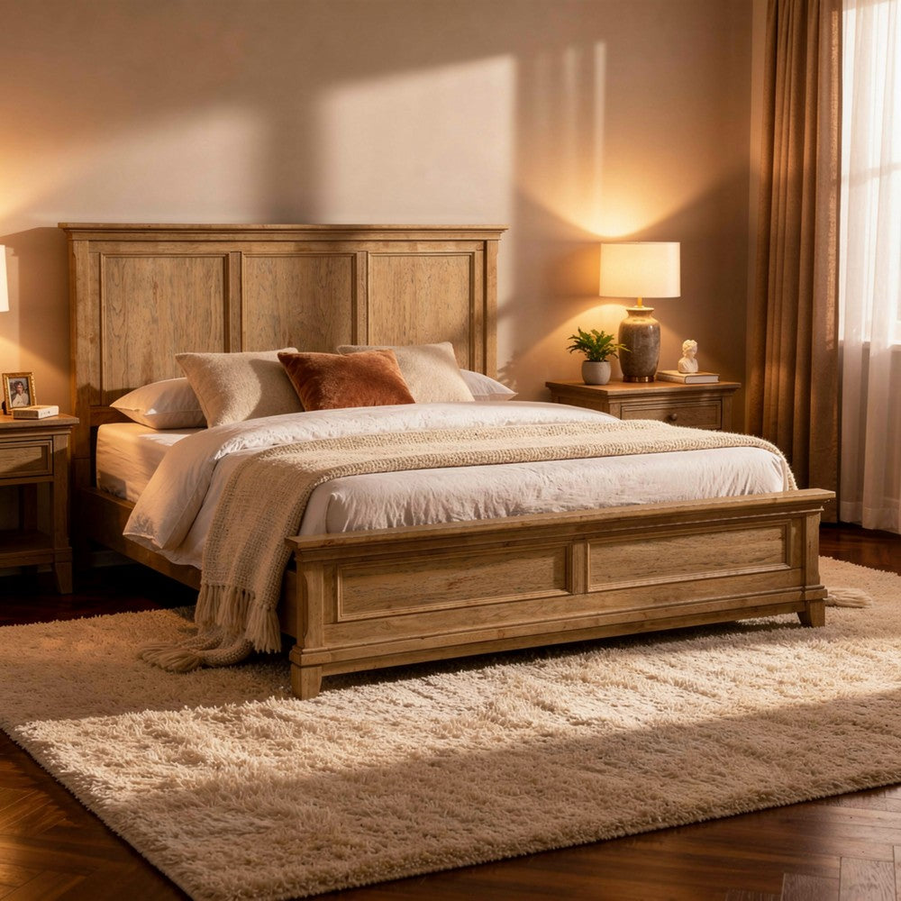 Seny Queen Bed | Rustic Design | Picture Frame Moldings | Honey Brown Wood