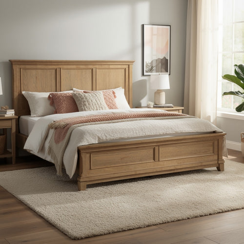 Seny Queen Bed | Rustic Design | Picture Frame Moldings | Honey Brown Wood