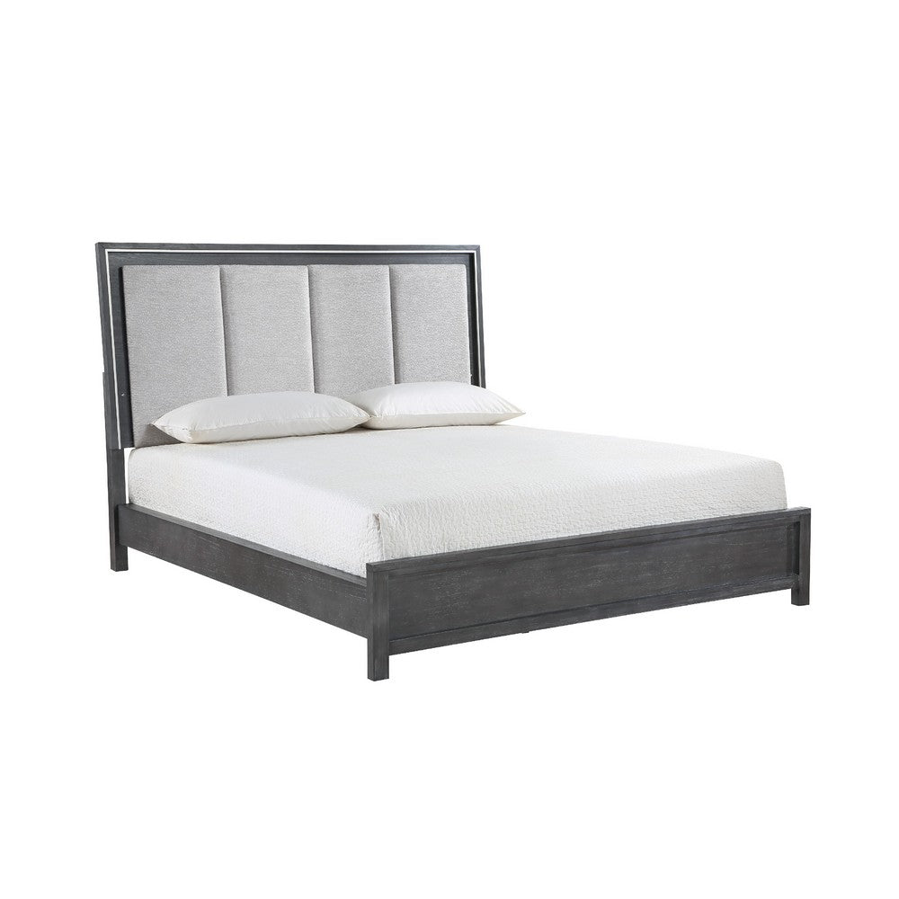 Odiy King Size Bed | Vertical Padded Gray Upholstery | LED Headboard