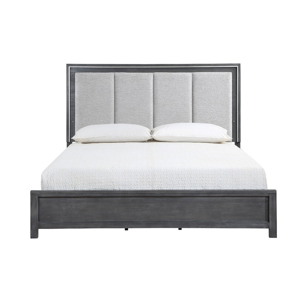 Odiy King Size Bed | Vertical Padded Gray Upholstery | LED Headboard
