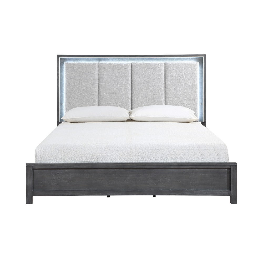 Odiy King Size Bed | Vertical Padded Gray Upholstery | LED Headboard