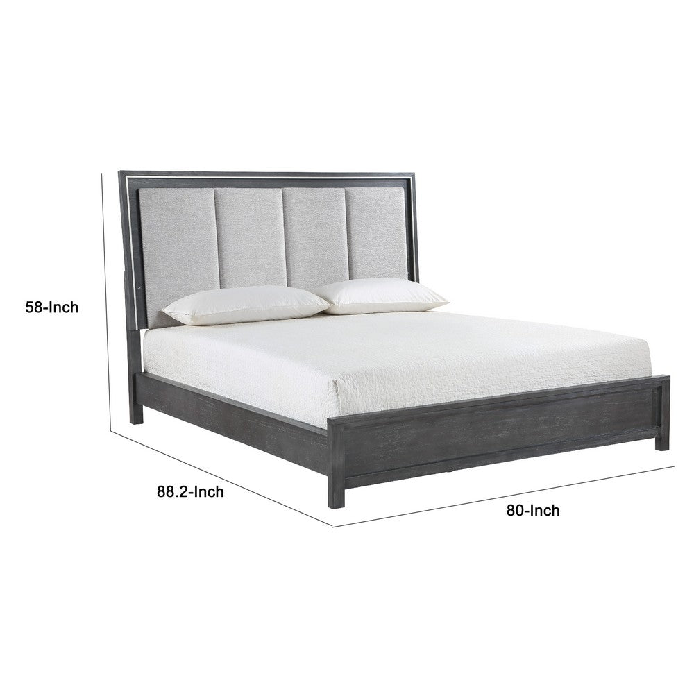Odiy King Size Bed | Vertical Padded Gray Upholstery | LED Headboard