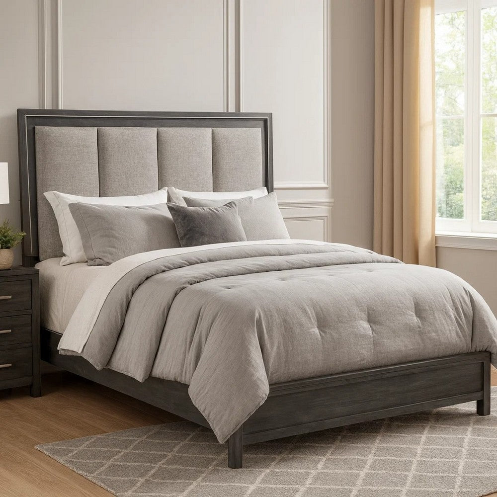 Odiy King Size Bed | Vertical Padded Gray Upholstery | LED Headboard