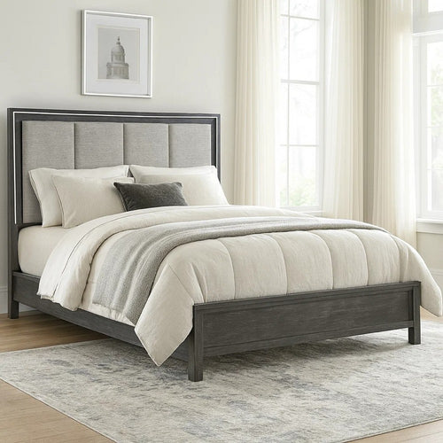 Odiy King Size Bed | Vertical Padded Gray Upholstery | LED Headboard