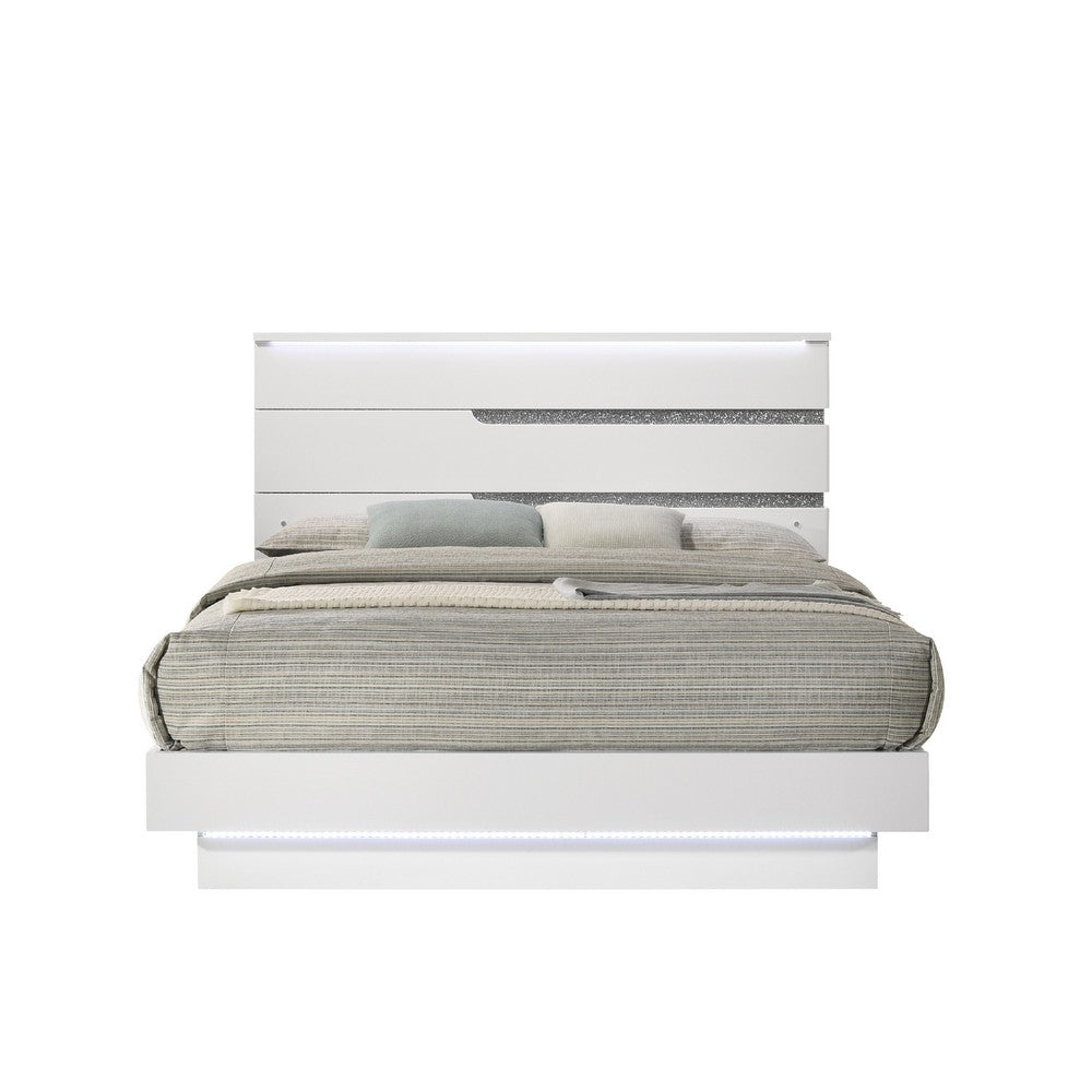 Pery Cal King Size Platform Bed | Glam White | Silver Accent LED Headboard