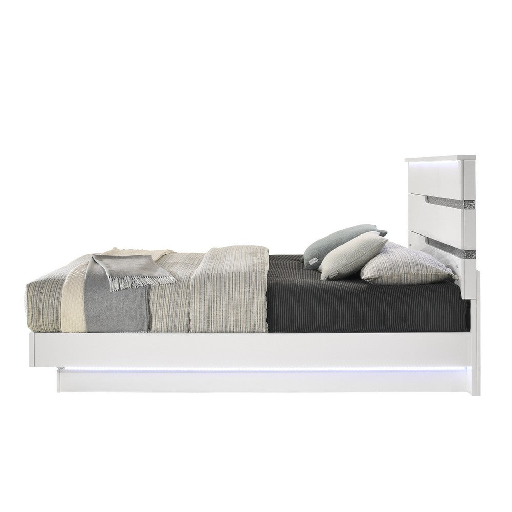 Pery Cal King Size Platform Bed | Glam White | Silver Accent LED Headboard