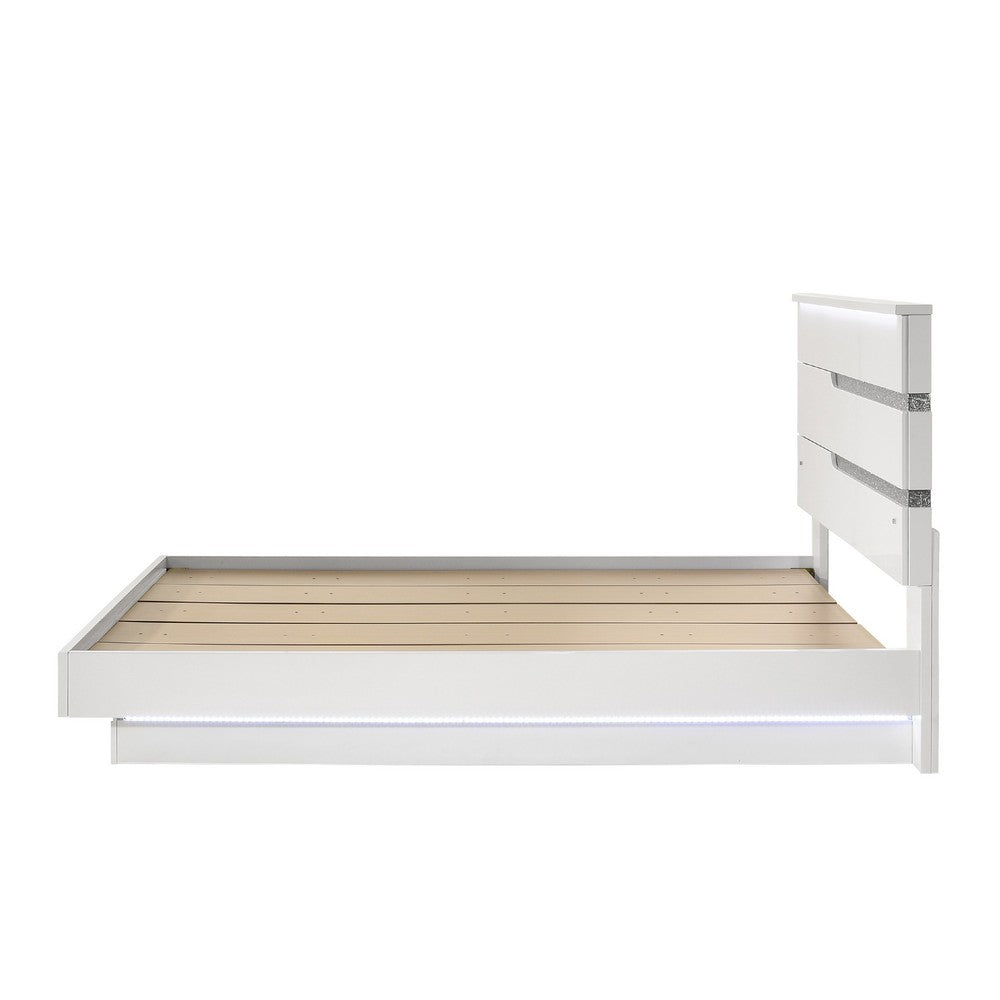 Pery Cal King Size Platform Bed | Glam White | Silver Accent LED Headboard