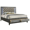 Ren California King Bed | Gray Upholstery | Storage Drawers | LED Black Pearl