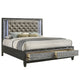 Ren California King Bed | Gray Upholstery | Storage Drawers | LED Black Pearl