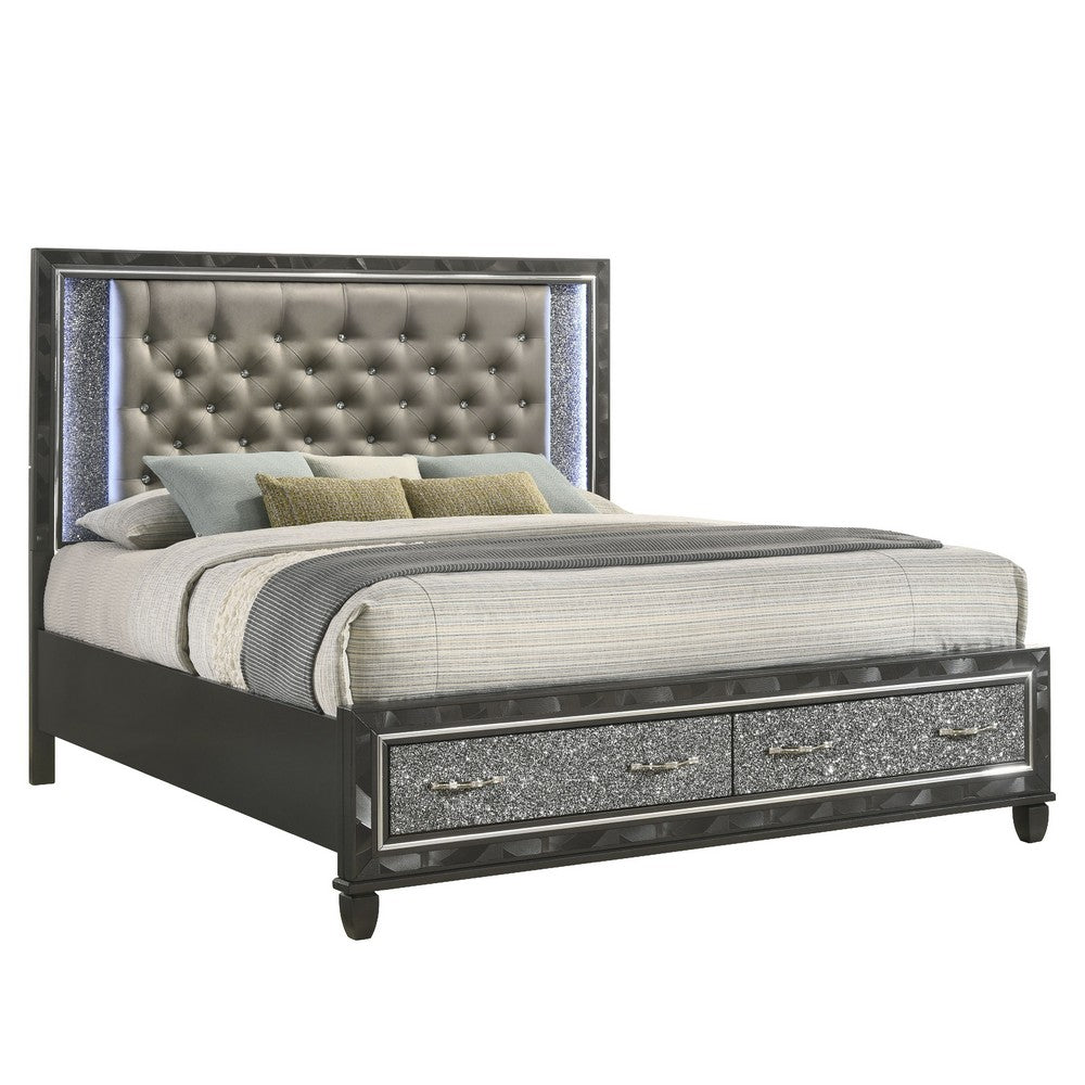 Ren Queen Size Bed | Gray Upholstery | Storage Drawers | LED Black Pearl