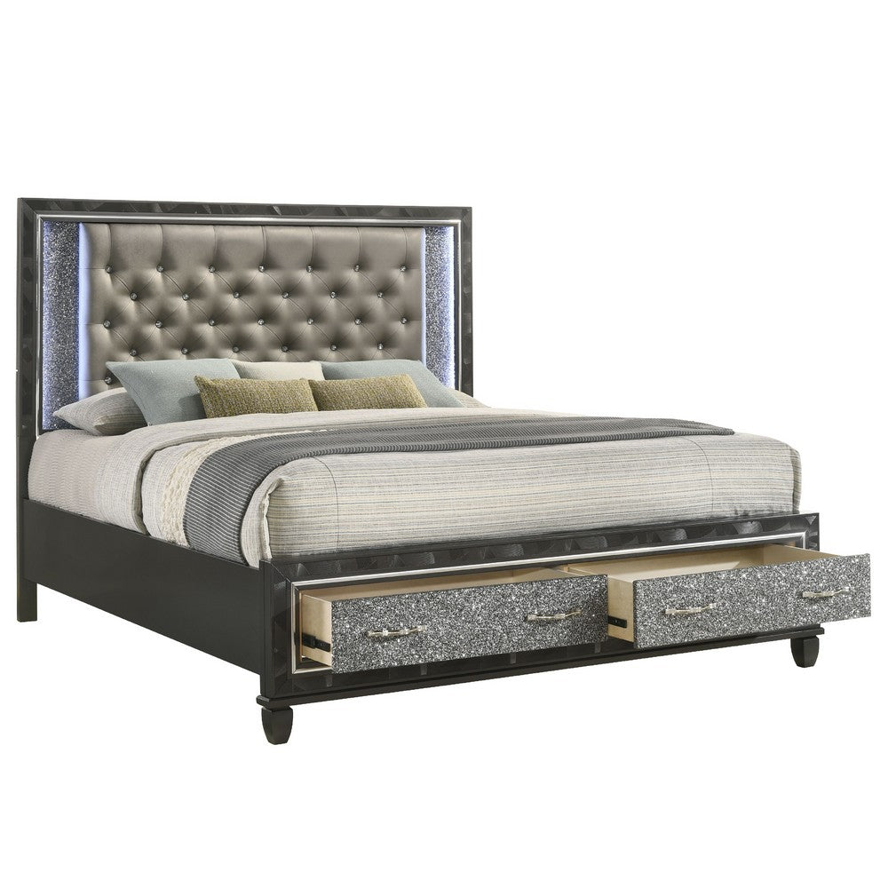 Ren Queen Size Bed | Gray Upholstery | Storage Drawers | LED Black Pearl