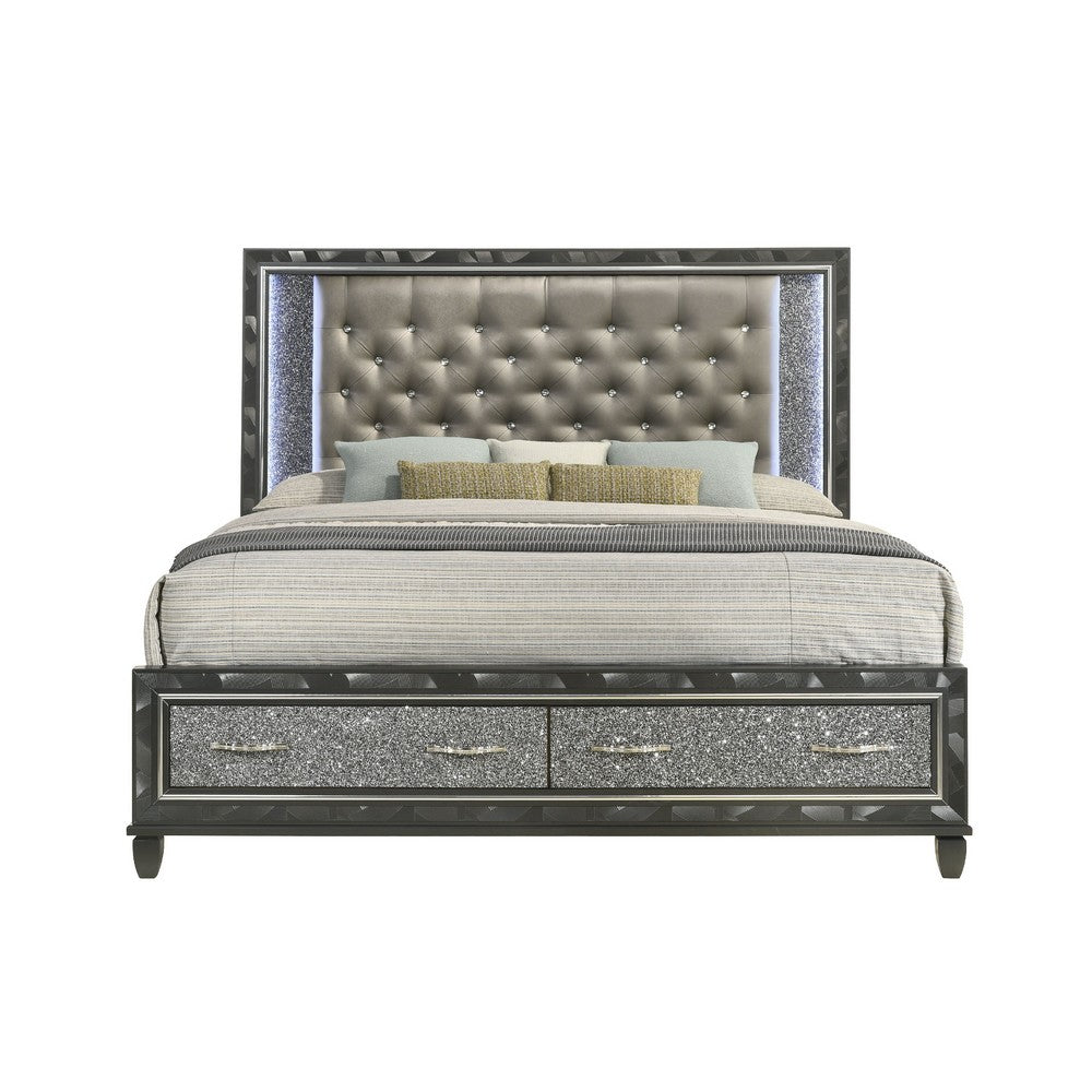 Ren Queen Size Bed | Gray Upholstery | Storage Drawers | LED Black Pearl