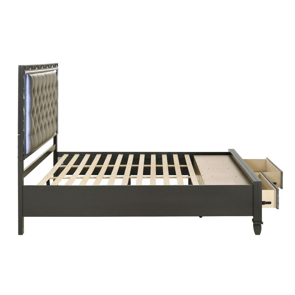 Ren Queen Size Bed | Gray Upholstery | Storage Drawers | LED Black Pearl