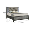 Ren Queen Size Bed | Gray Upholstery | Storage Drawers | LED Black Pearl