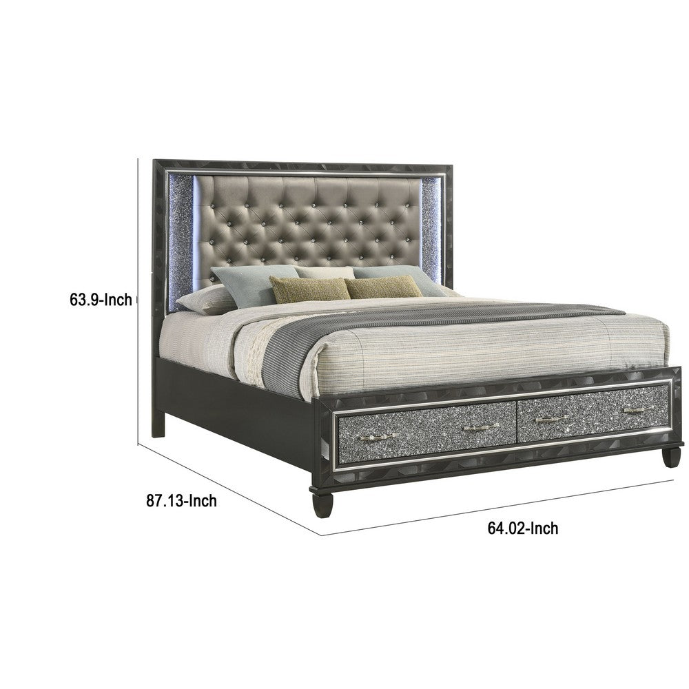Ren Queen Size Bed | Gray Upholstery | Storage Drawers | LED Black Pearl