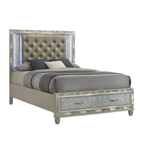 Ren Queen Size Bed | Gray Upholstery | Footboard Drawers | LED Glam Silver