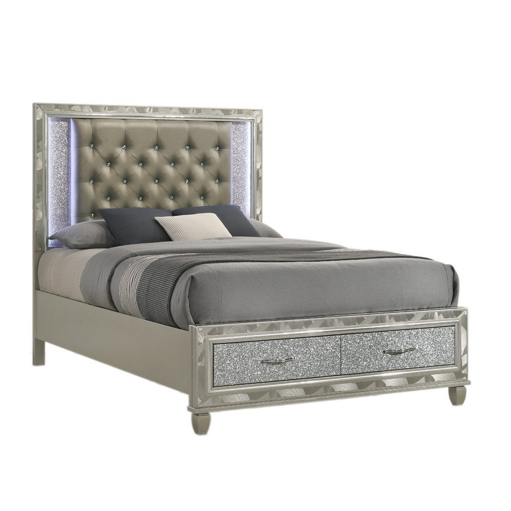 Ren Queen Size Bed | Gray Upholstery | Footboard Drawers | LED Glam Silver