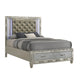 Ren Queen Size Bed | Gray Upholstery | Footboard Drawers | LED Glam Silver