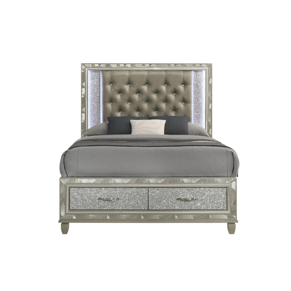 Ren Queen Size Bed | Gray Upholstery | Footboard Drawers | LED Glam Silver