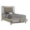 Ren Queen Size Bed | Gray Upholstery | Footboard Drawers | LED Glam Silver