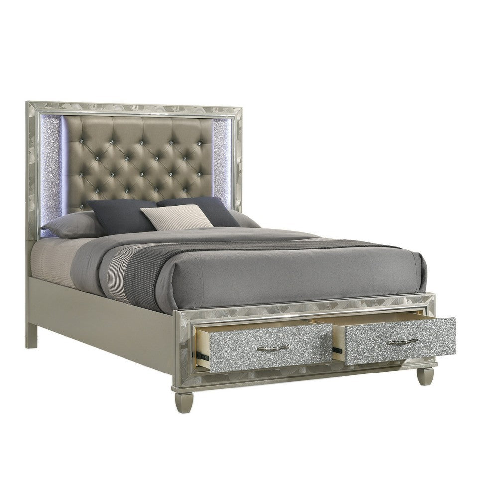 Ren Queen Size Bed | Gray Upholstery | Footboard Drawers | LED Glam Silver