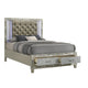 Ren Queen Size Bed | Gray Upholstery | Footboard Drawers | LED Glam Silver