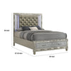 Ren Queen Size Bed | Gray Upholstery | Footboard Drawers | LED Glam Silver