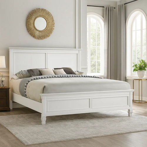 Umi King Size Bed | Solid Wood Panel Headboard | Farmhouse White