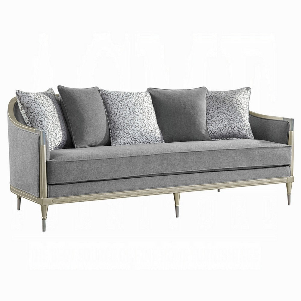 Fero Sofa w 5 Pillows I Gray Chenille I Champagne Wood Trim I 87"