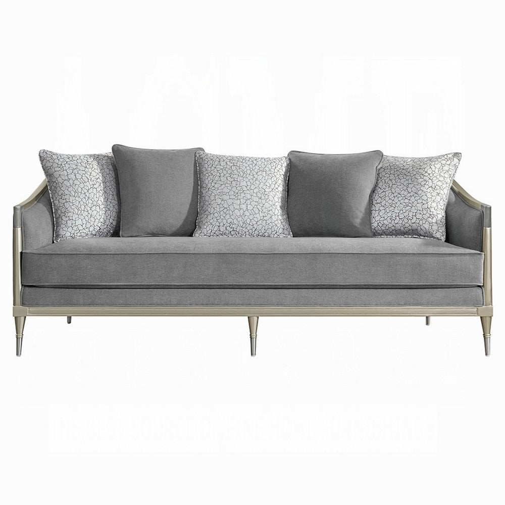 Fero Sofa w 5 Pillows I Gray Chenille I Champagne Wood Trim I 87"
